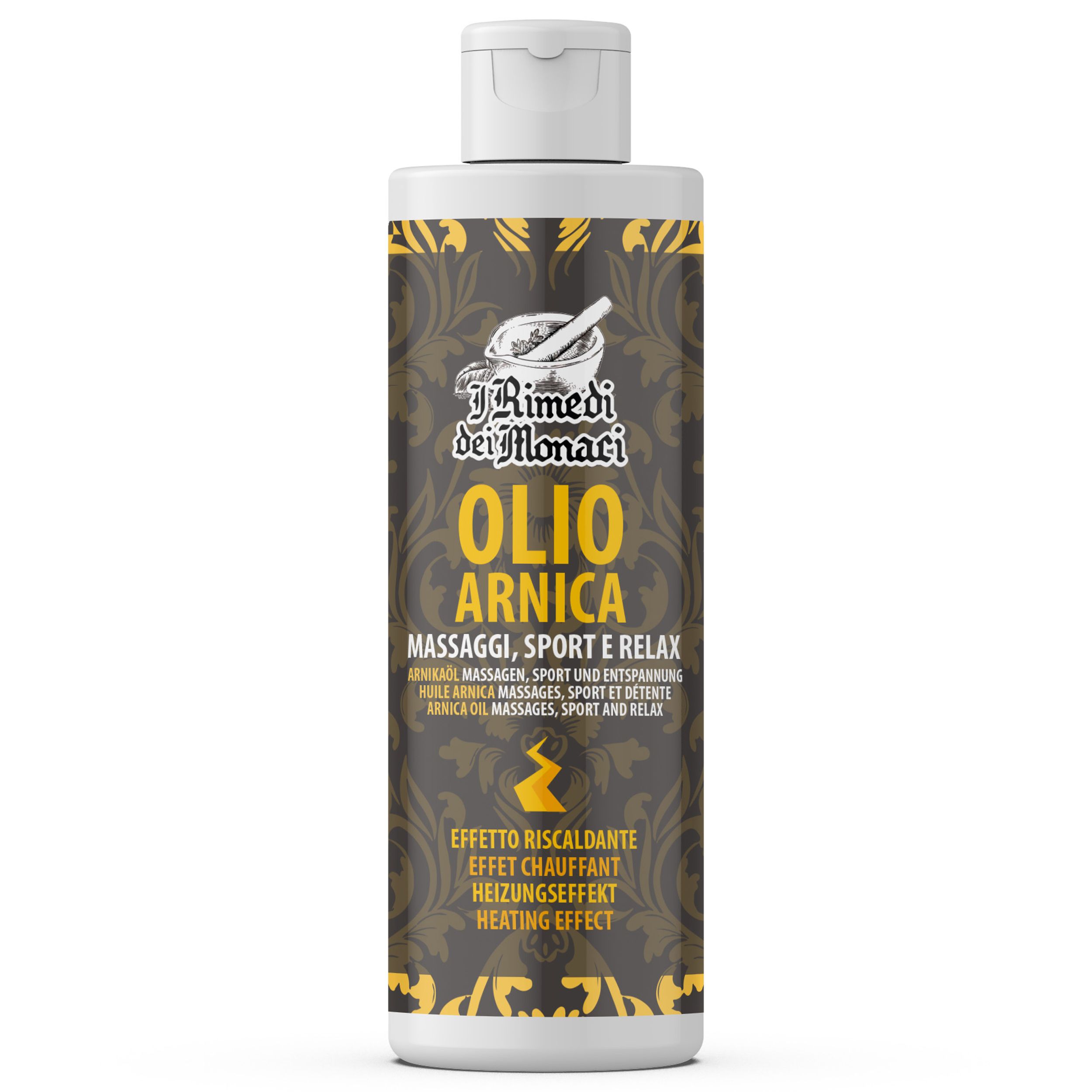 Bouteille avec étiquette : IRimediDeiMonaci Arnikaöl. Texte : Massages, Sport et Détente. Effet chauffant. Texte multilingue.