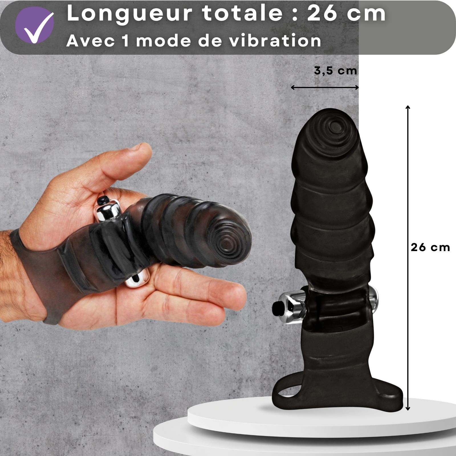 Vibromasseur de doigt, 26cm, diamètre 3,5cm. Main avec vibromasseur. Texte: 26cm, 1 mode vibration.