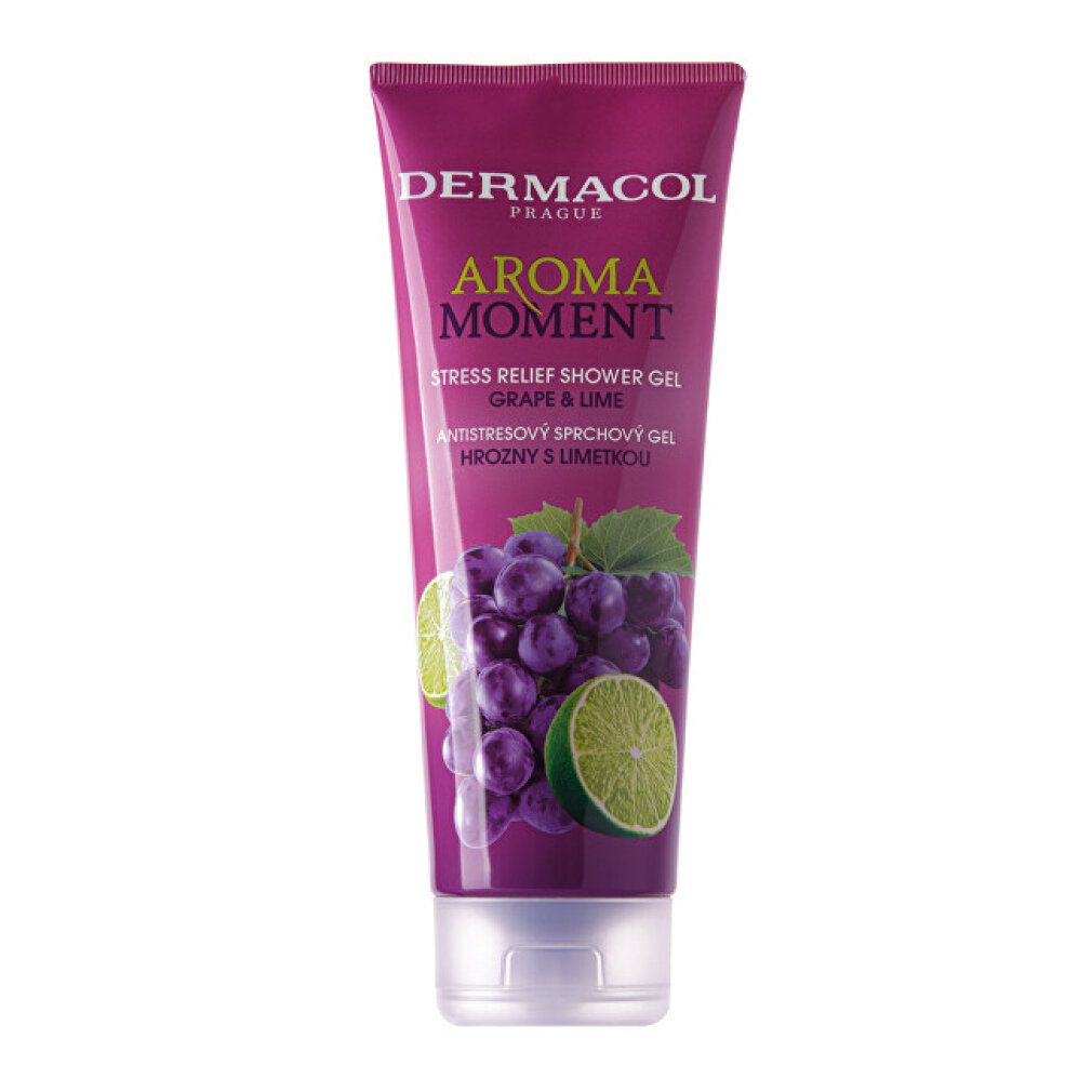 Tube violet avec bouchon blanc. Inscription: Dermacol Aroma Moment Grape & Lime. Illustration de raisins et de citron vert.