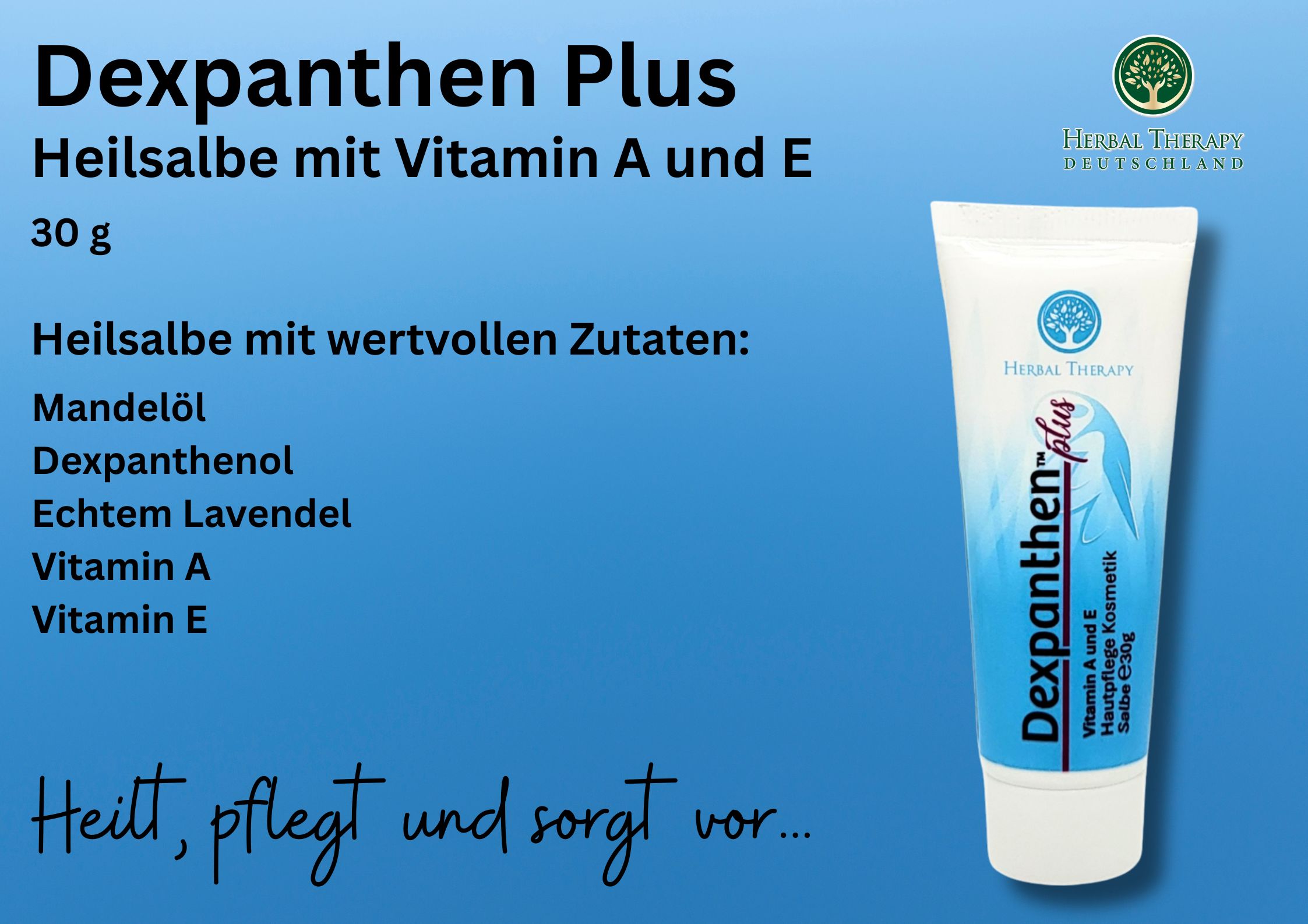 Herbal Therapy Dexpanthen Plus, tube de 30g. Crème cicatrisante avec huile d'amande, dexpanthénol, lavande, vitamine A et E. Fond bleu.