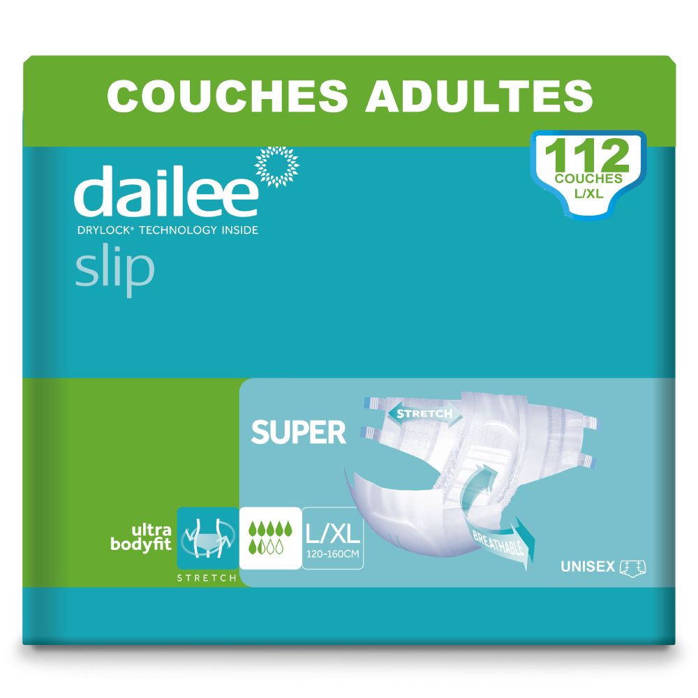 Paquet de Dailee Slip Super pour adultes, taille L/XL, 112 unités. Absorption élevée, unisexe.