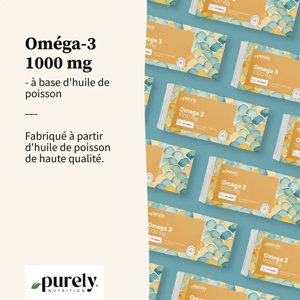 Plusieurs boîtes Purely Omega-3 1000 mg. Texte : Oméga-3 1000 mg - à base d'huile de poisson.