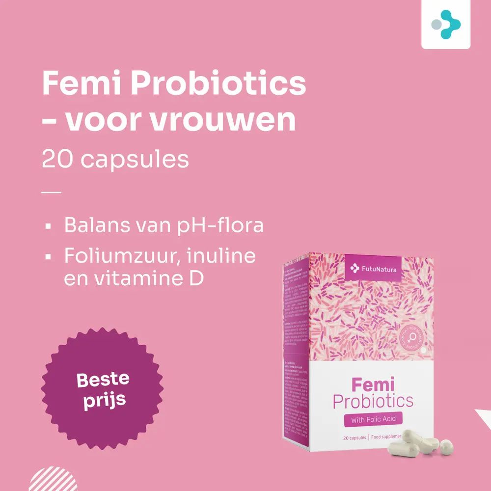 Femi Probiotics - voor vrouwen. Verpakking en capsules. Tekst: pH-balans, foliumzuur, inuline, vitamine D.