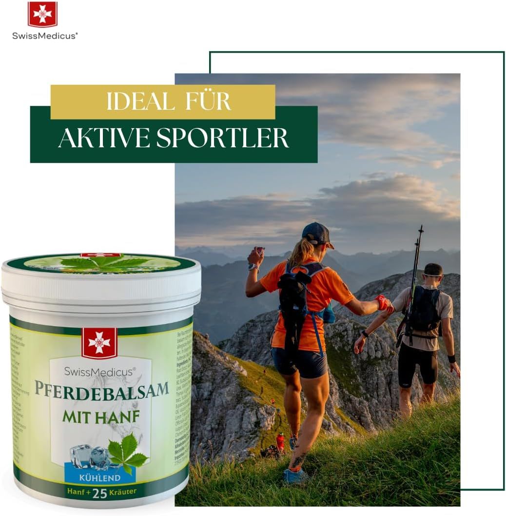 Mensen wandelen. Naast: SwissMedicus Pferdebalsam mit Hanf. Tekst: Ideaal voor actieve sporters.