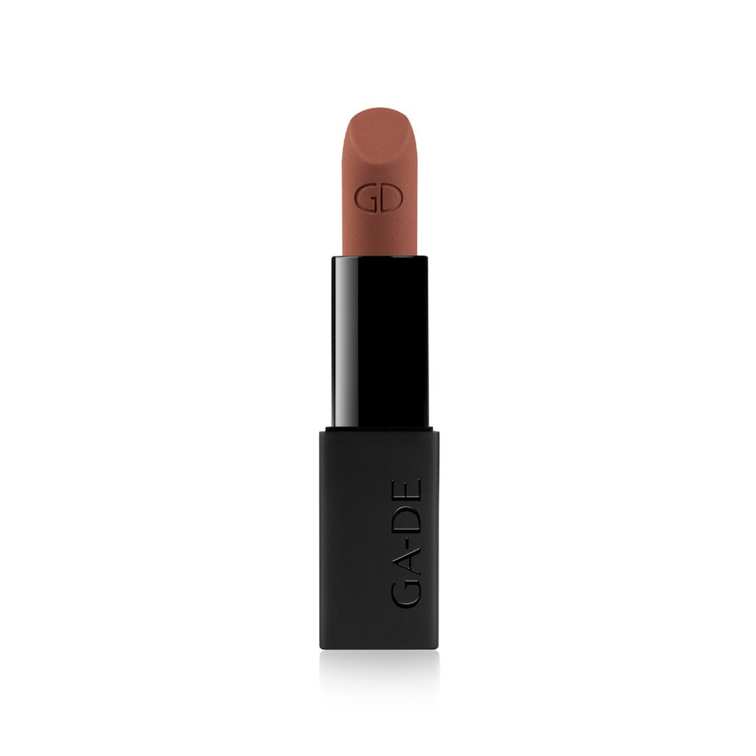 Rouge à lèvres marron clair avec étui noir. Le logo GD est imprimé sur le rouge à lèvres. Le nom GA-DE est inscrit sur l'étui.