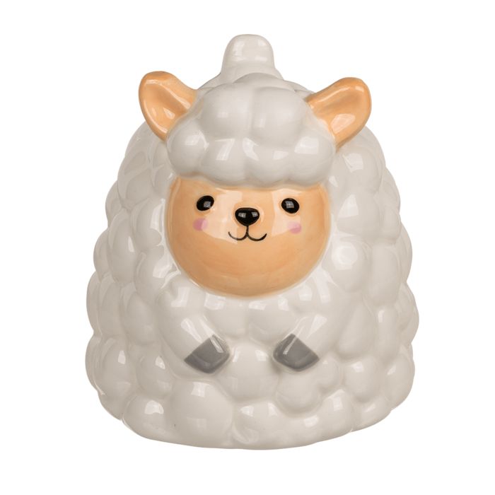 Keramische beker schaap, wit. Schaap-ontwerp met oren, gezicht en poten. Zonder handvat. Ronde vorm.