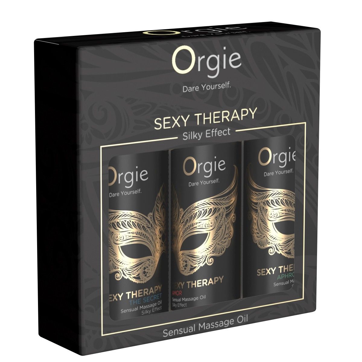 Coffret avec trois flacons "Orgie Sexy Therapy" avec masque doré.