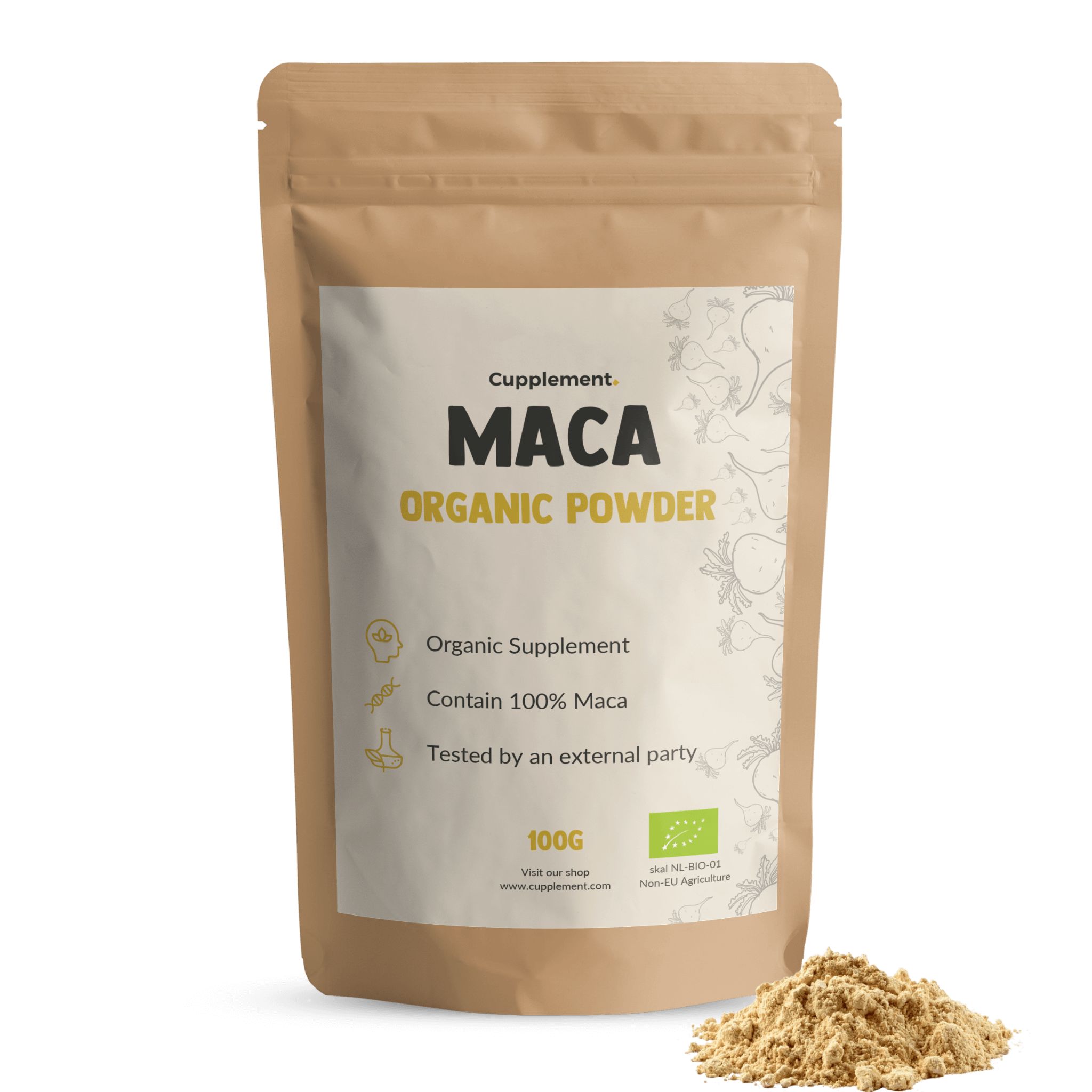 Zak met opschrift: Cupplement Maca Organic Powder. Bio-label. 100g. Hoop poeder ernaast.