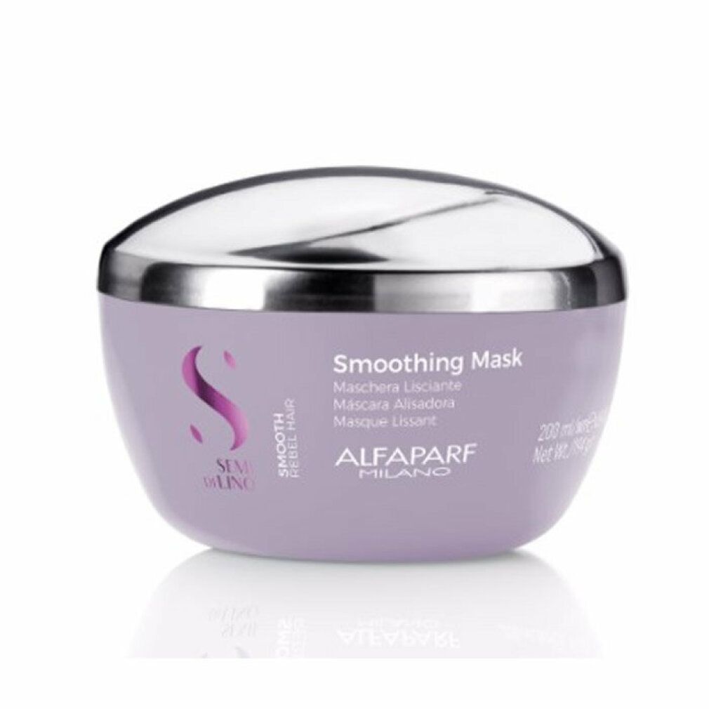Paarse pot met zilveren deksel. Opschrift: Smoothing Mask, Semi di Lino, Alfaparf Milano. Productnaam en merk zichtbaar.
