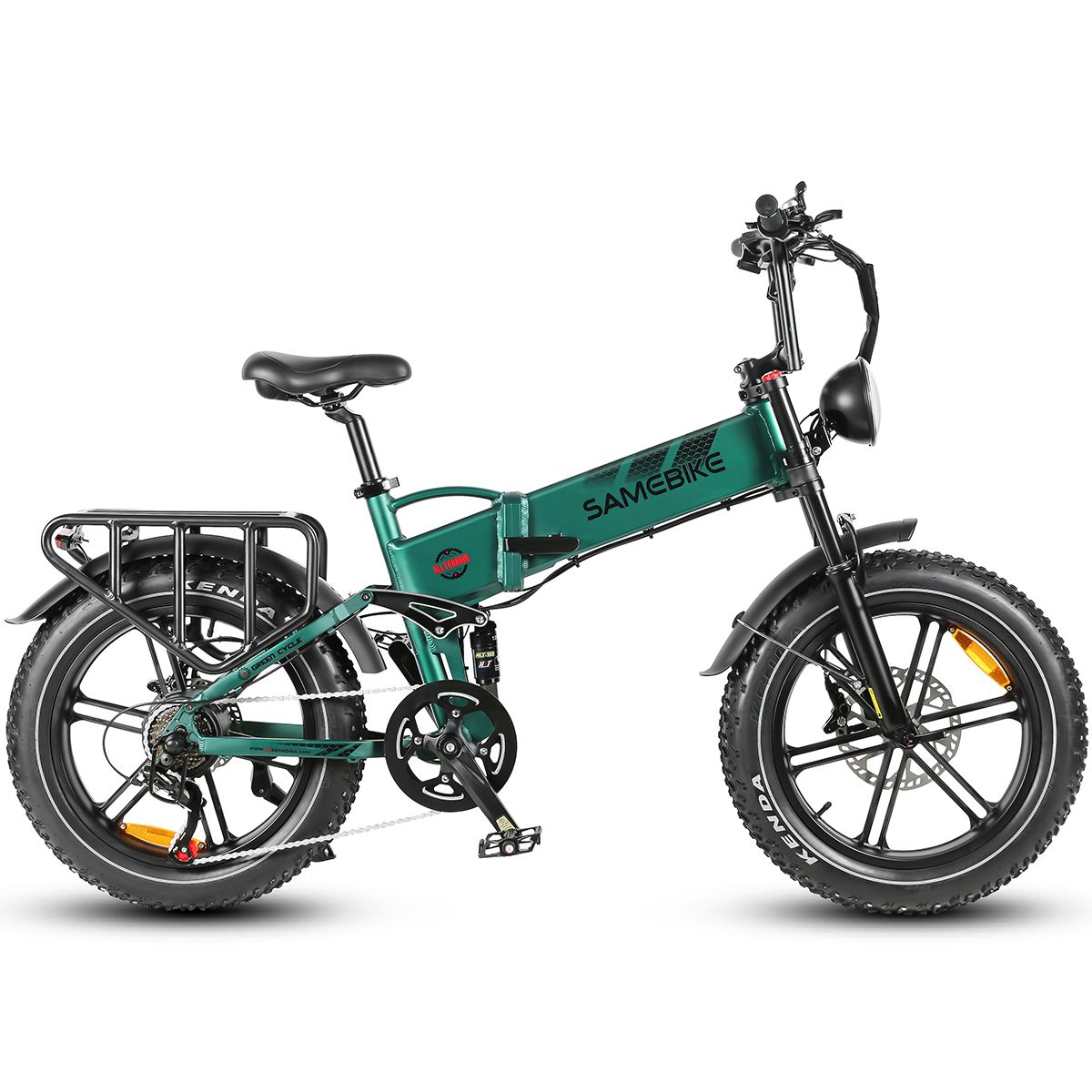 Vélo électrique de montagne SAMEBIKE RS-A02 vert. Pneus noirs, porte-bagages, garde-boue. Batterie sur cadre. Pneus Kenda.