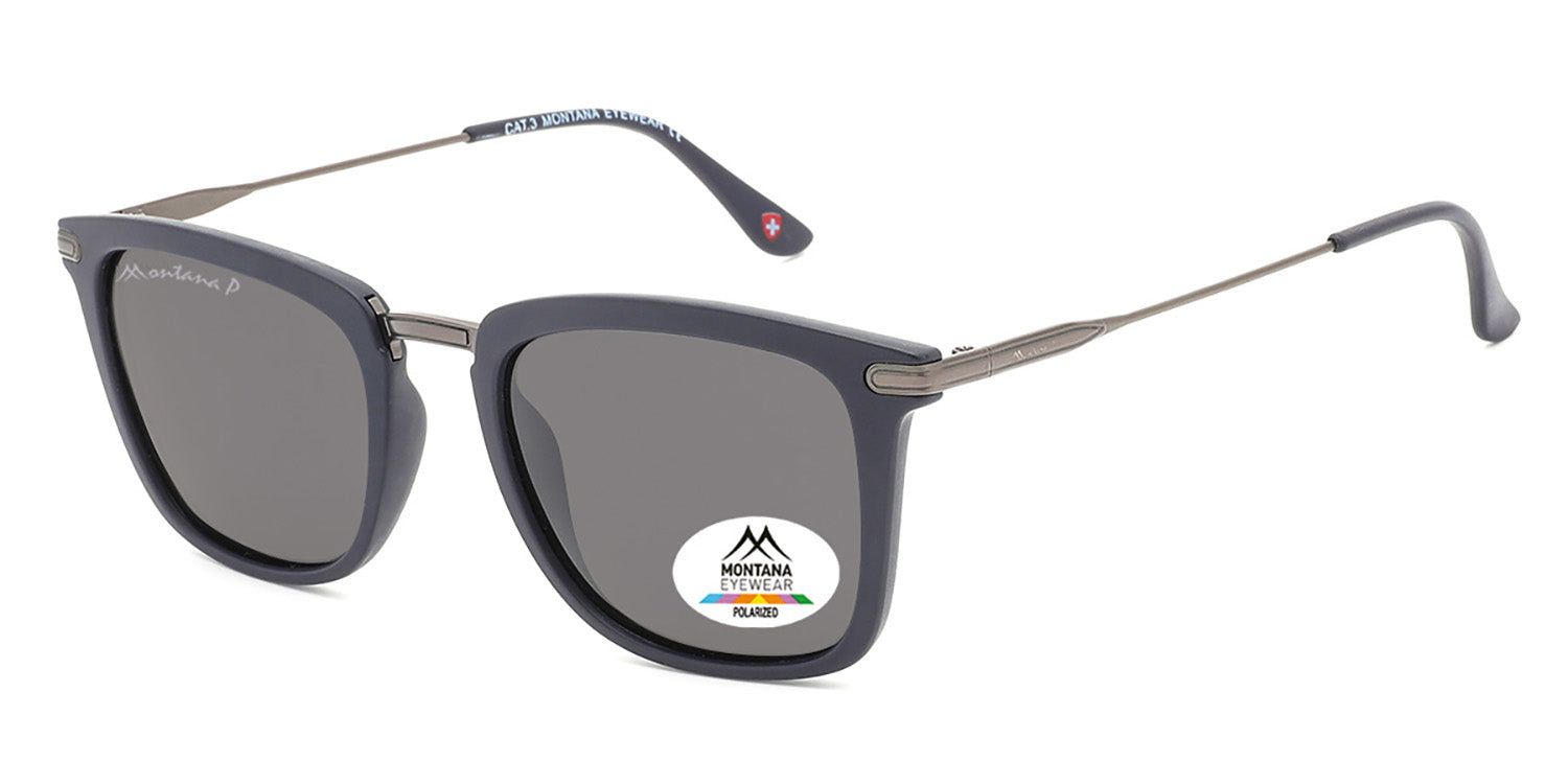 Lunettes de soleil bleu foncé, verres gris. Logo Montana Eyewear et autocollant Polarized. Branches et détails en métal.