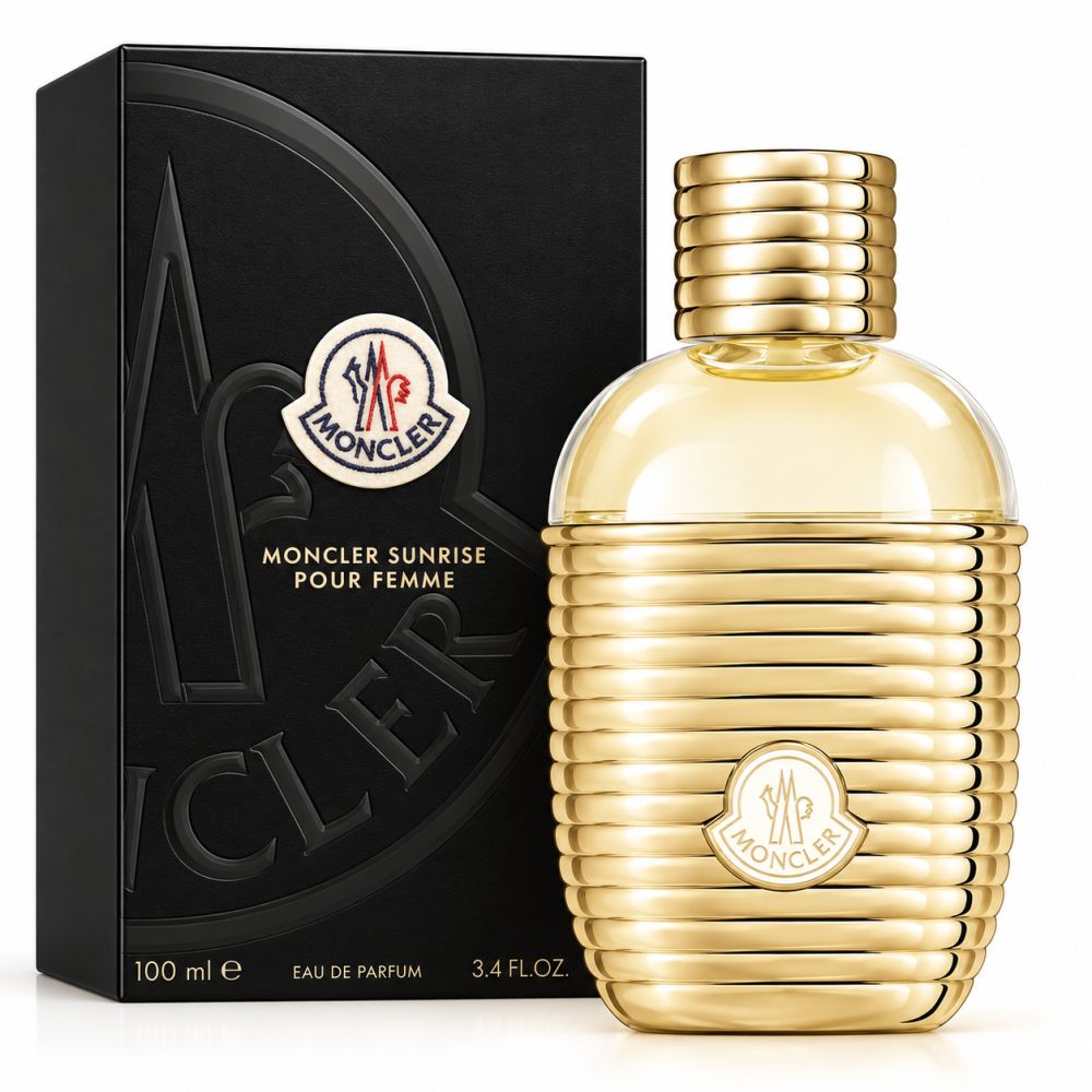 Flacon et emballage Moncler Sunrise pour Femme Eau de Parfum. Flacon doré côtelé avec logo Moncler.