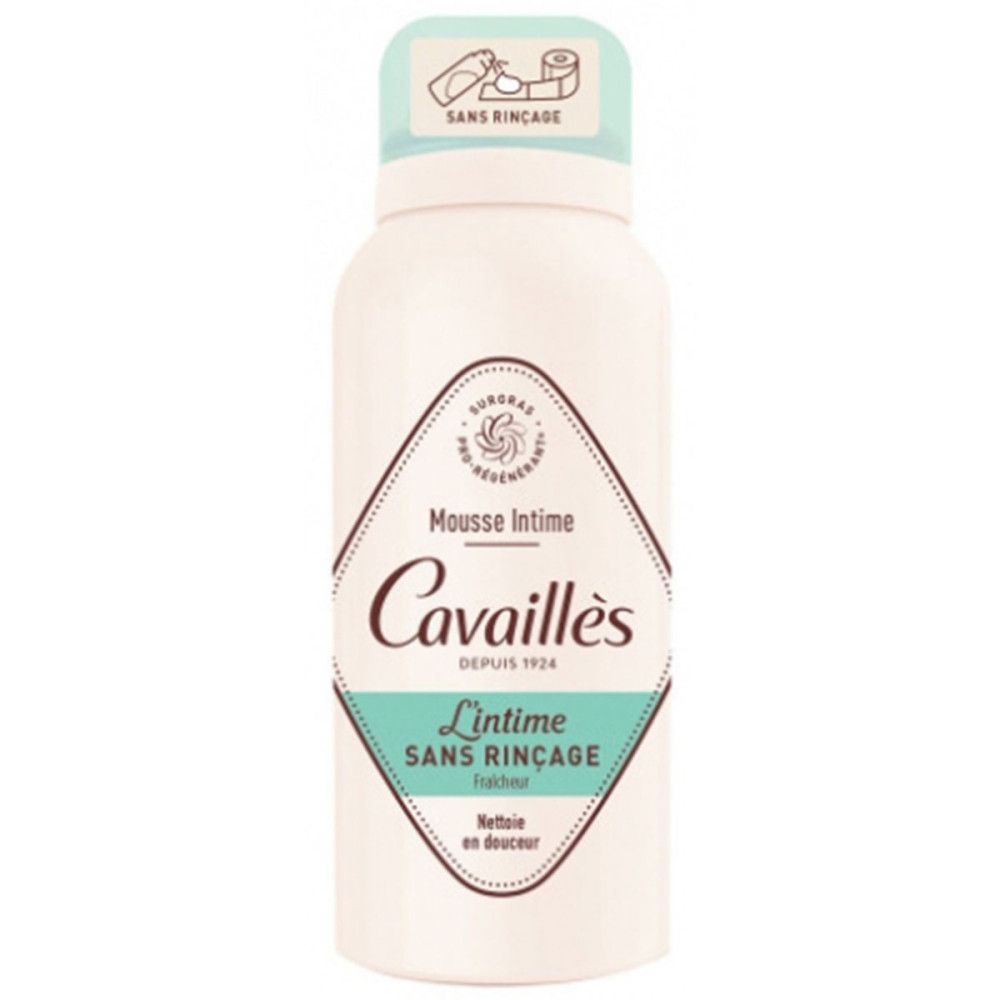 Flacon blanc avec bouchon turquoise. Inscriptions : Mousse Intime, Cavaillès, L'intime Sans Rinçage. Illustrations.