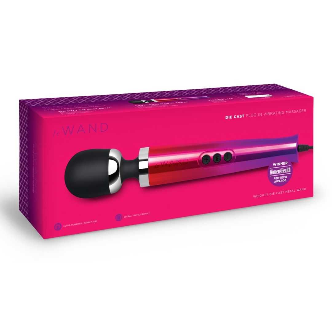 Massagestaaf "Diecast Plug-In" in verpakking, rood-paars verloop.