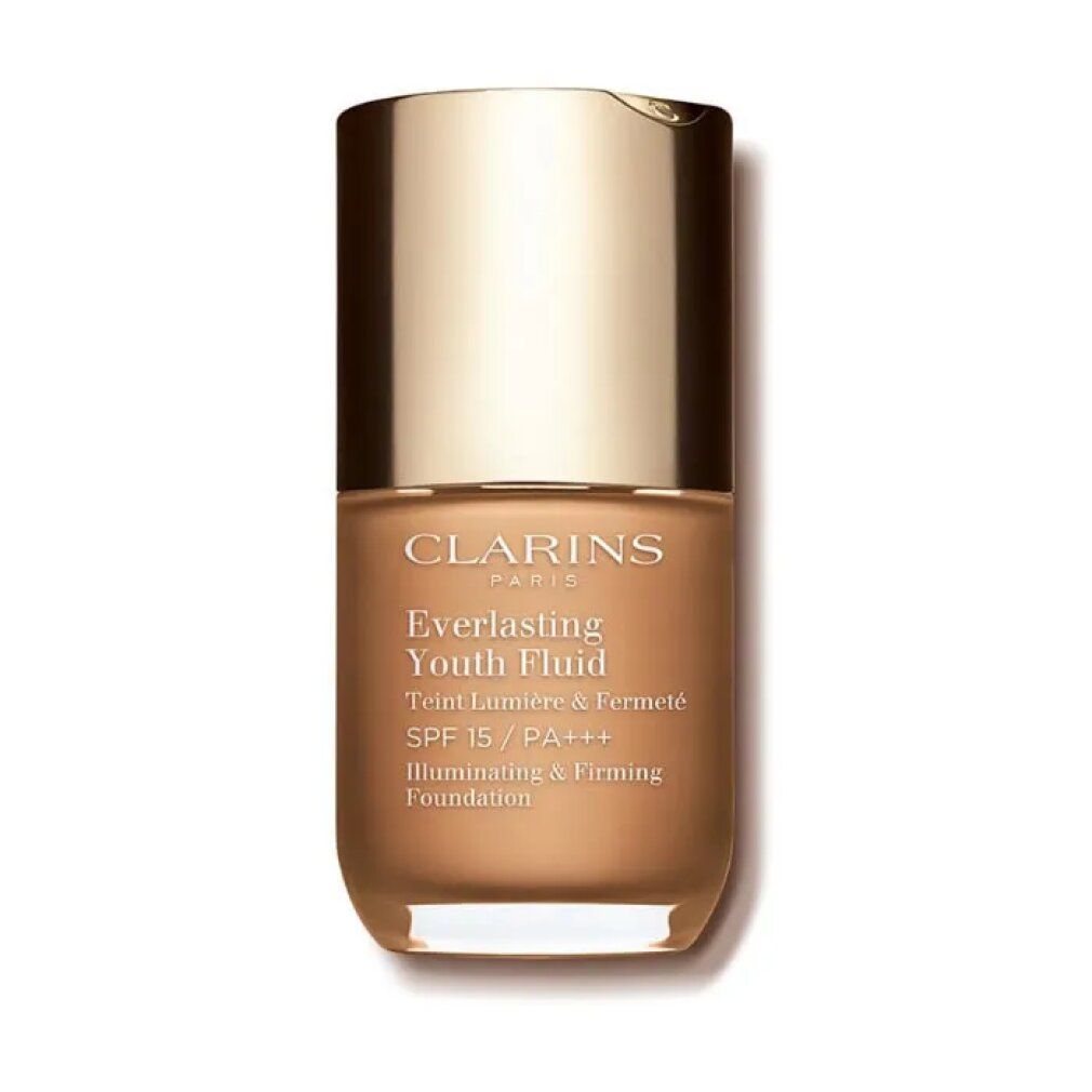 Flacon de fond de teint Clarins Everlasting Youth Fluid, teinte dorée, avec bouchon doré. SPF 15.