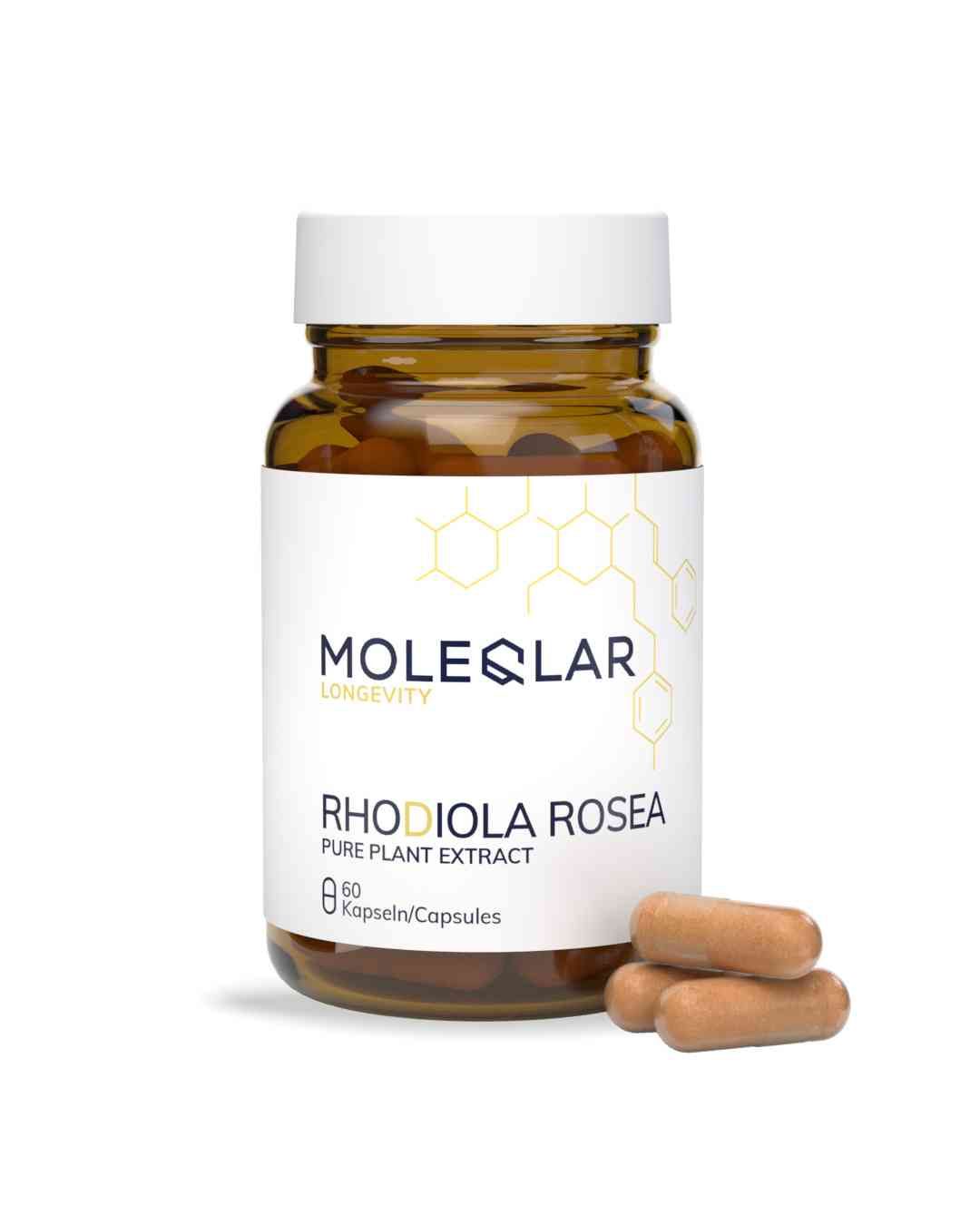 Bruine glazen fles met witte dop en etiket. Bevat capsules. Opschrift: MoleQlar Rhodiola rosea.