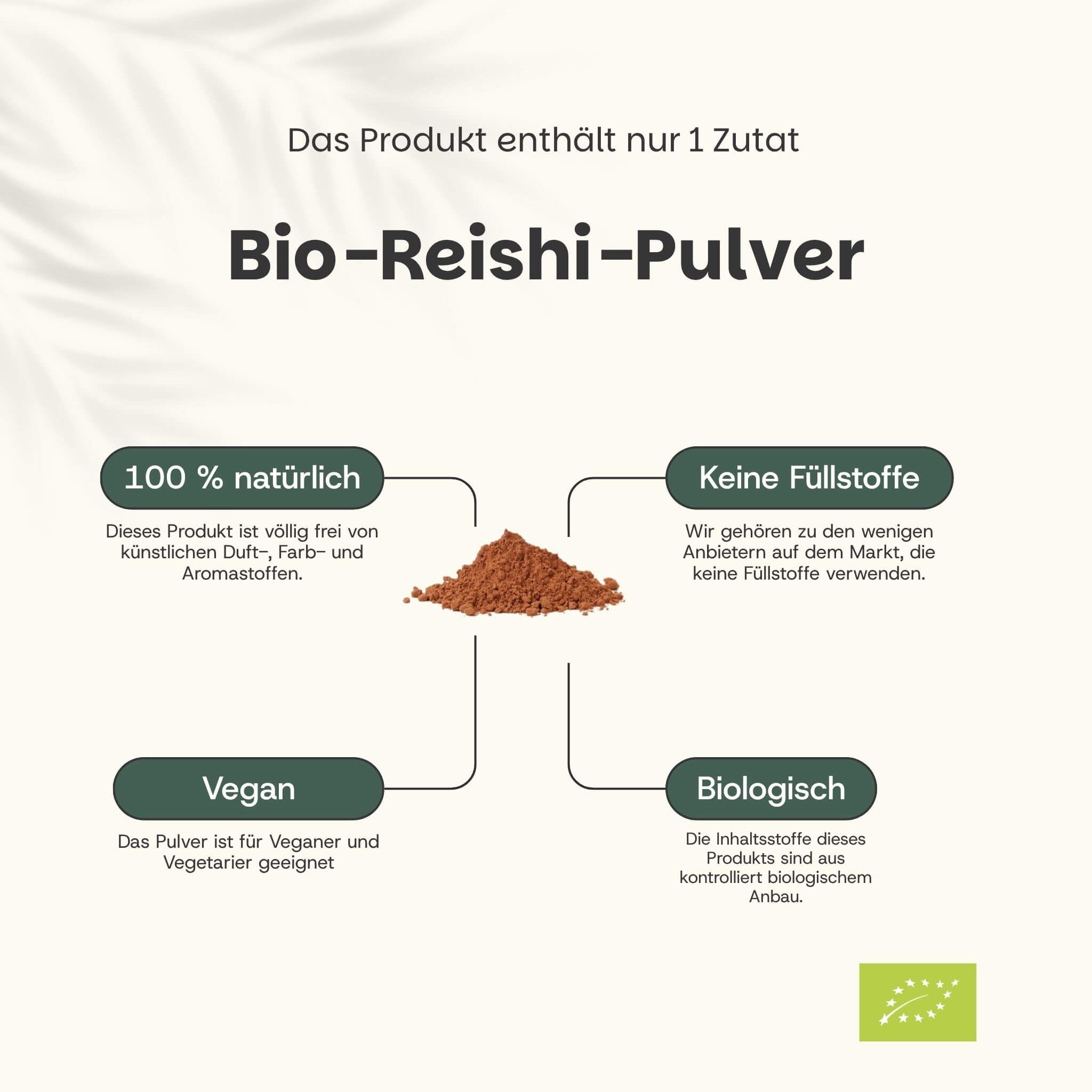 Poudre de Bio-Reishi : 100% naturelle, vegan, sans additifs, biologique. Contient 1 seul ingrédient.