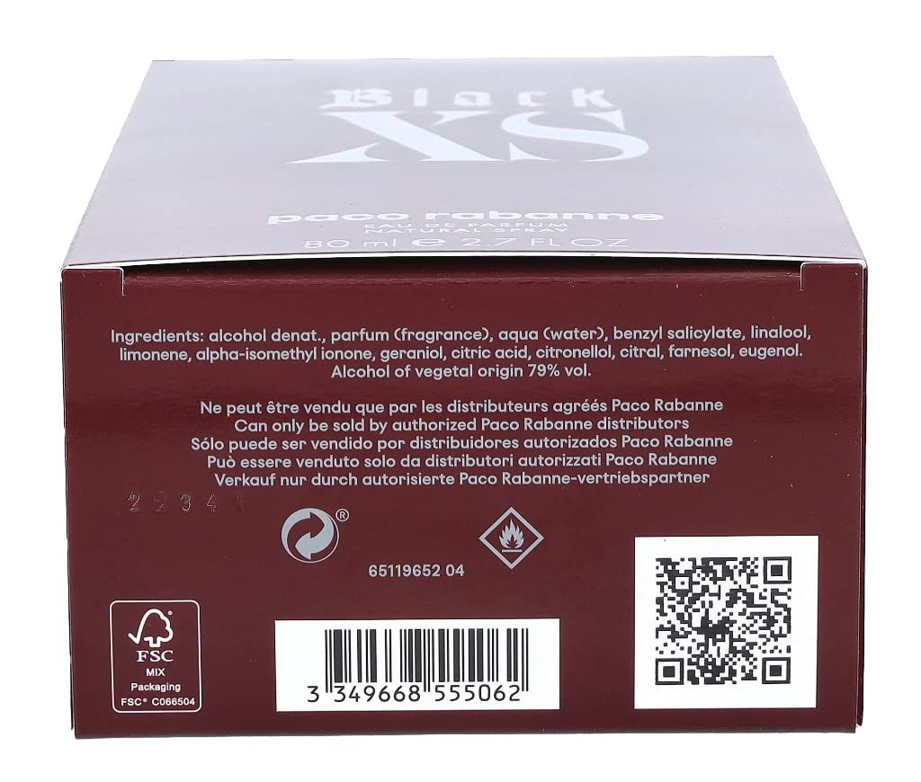 Dessus de l'emballage Black XS. Texte avec ingrédients, avertissements et code QR.