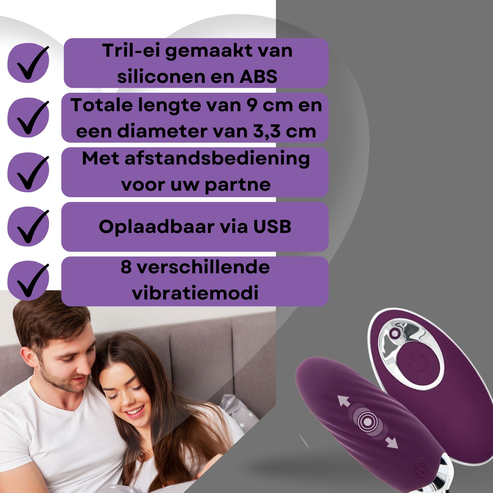 Koppel in bed, product ernaast. Paarse vibrator met afstandsbediening. Tekst: Tril-ei, afstandsbediening.