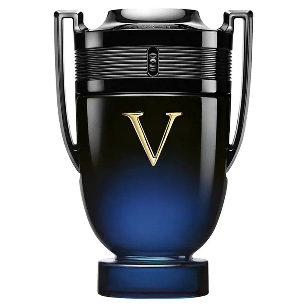 Donkerblauwe, druppelvormige flacon met zilveren handvatten en een gouden 'V'-logo.