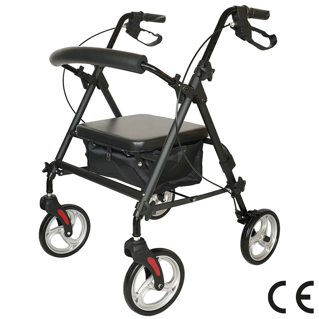Rollator noir avec quatre roues, siège, panier et poignées. Marque CE.