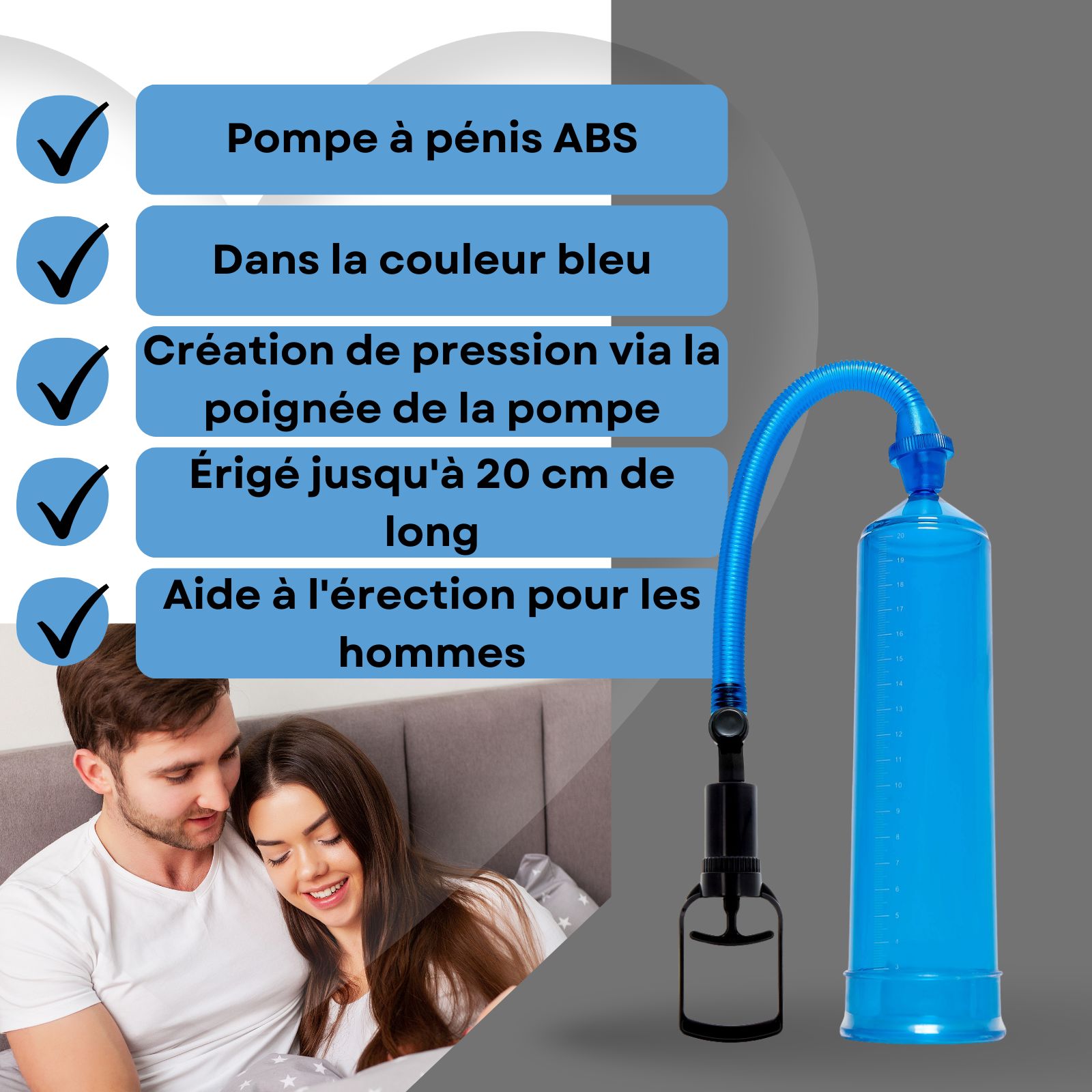 Pompe à pénis bleue avec poignée. Texte: Pompe en ABS, bleu. Couple au lit.