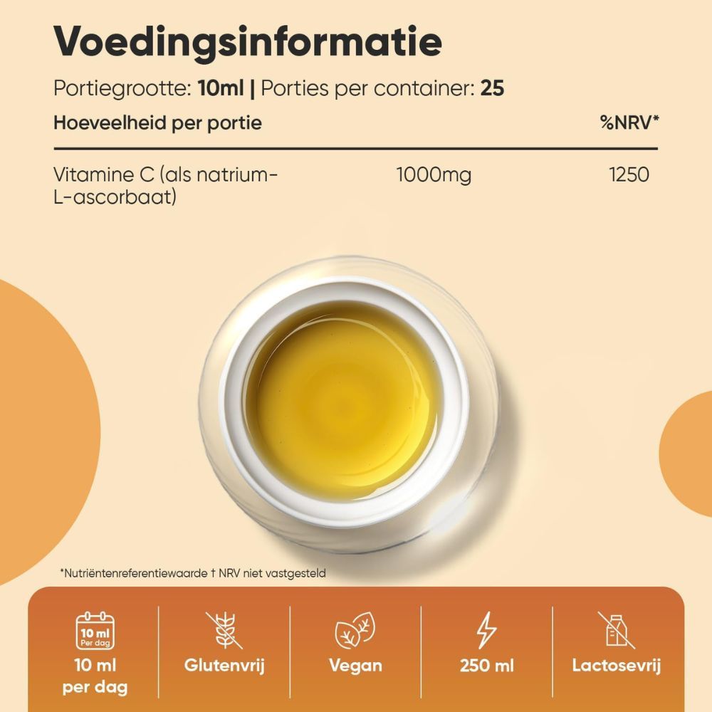 Voedingsinformatie. 10 ml per dag. Glutenvrij, veganistisch, 250 ml, lactosevrij. Vitamine C (1000 mg).