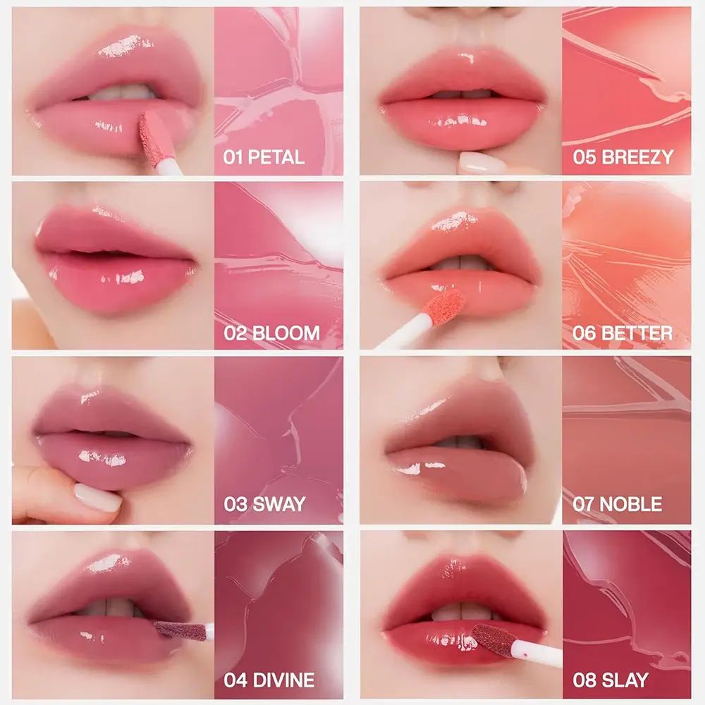 Collectie lip tint kleuren. 8 verschillende tinten aangebracht op lippen. Elke tint met applicator. Verschillende lipvormen.