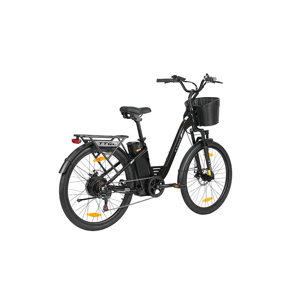 Zwarte TTGO C2 PRO e-bike. Mand voor, bagagedrager achter. Shimano 7 versnellingen. Accu op frame.