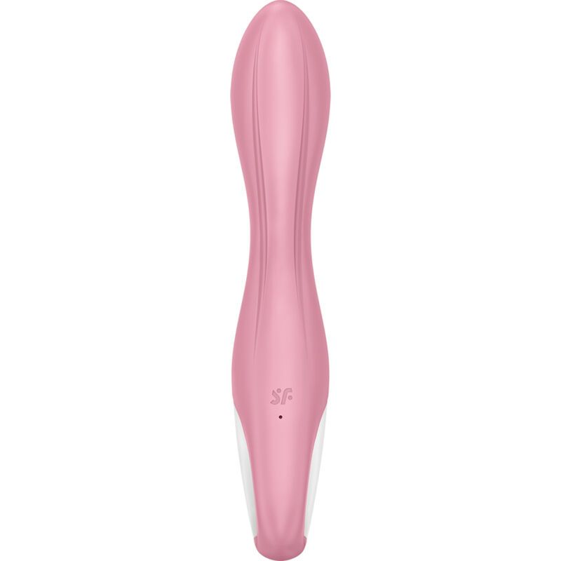 Een roze vibrator met een gebogen vorm, wit bedieningspaneel met twee knoppen.