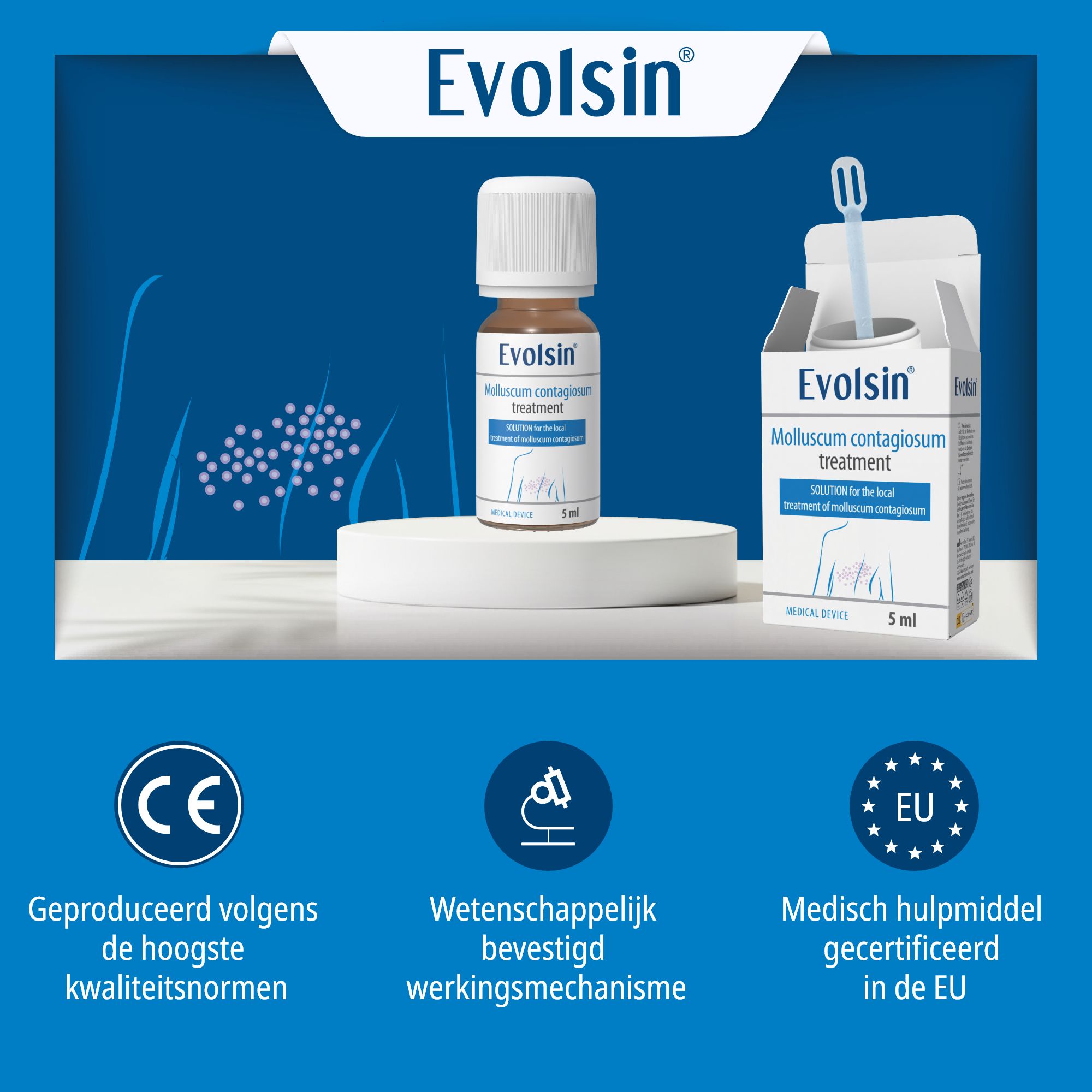 Bruine glazen fles met witte dop. Opschrift: Evolsin Solution. Oplossing voor de behandeling van molluscum contagiosum. 5 ml.