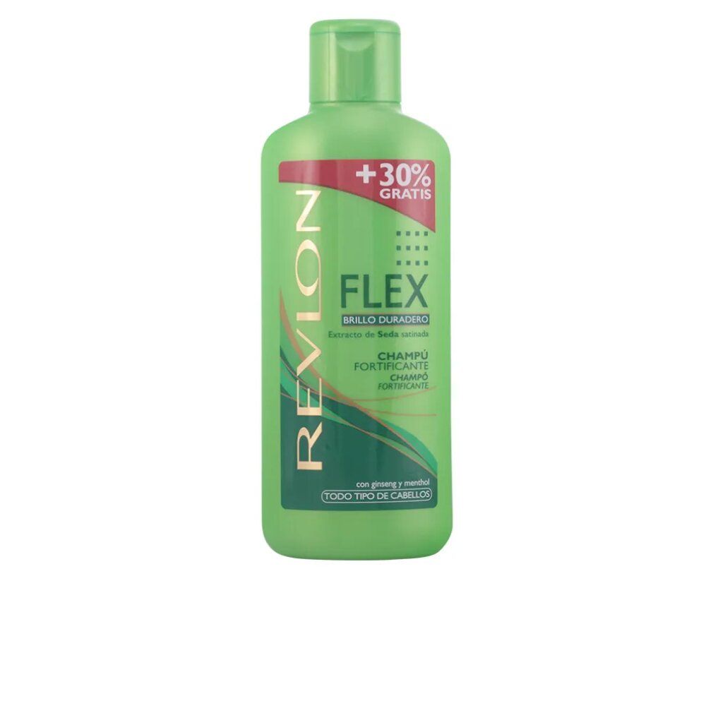 Flacon vert, bouchon vert. Inscription: Revlon Flex Brillo Duradero Champú Fortificante. +30% Gratuit.