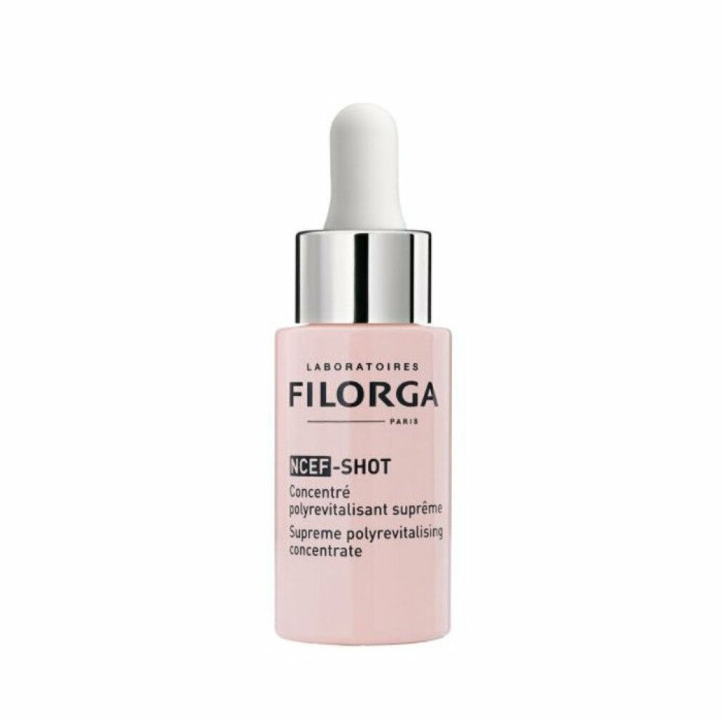 Flacon rose avec compte-gouttes blanc. Inscription: FILORGA PARIS, NCEF-SHOT, Concentré polyrevitalisant suprême.