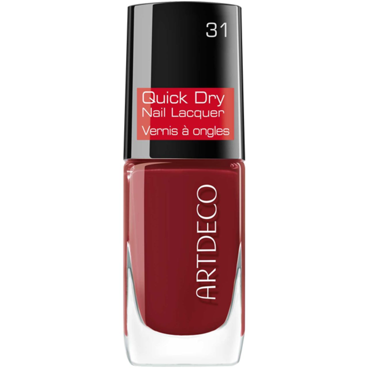 Rode nagellakfles. Zwarte dop, rood etiket met "Quick Dry Nail Lacquer". Merk "Artdeco". Nummer 31.