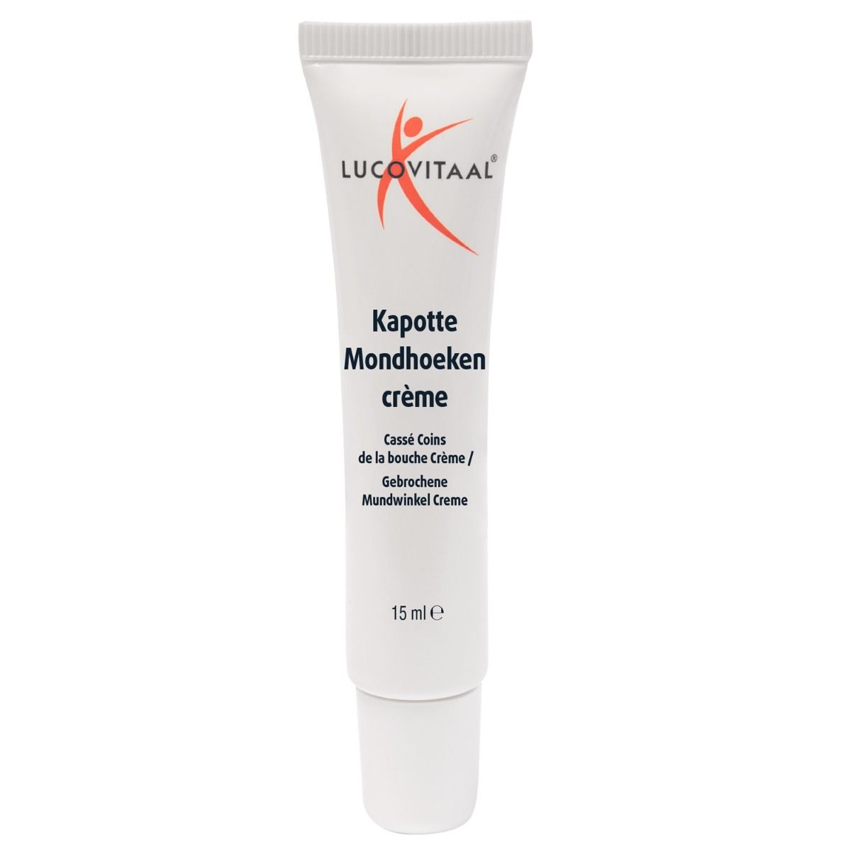 Tube Lucovitaal crème voor gescheurde mondhoeken. Witte tube met productnaam en 15 ml.