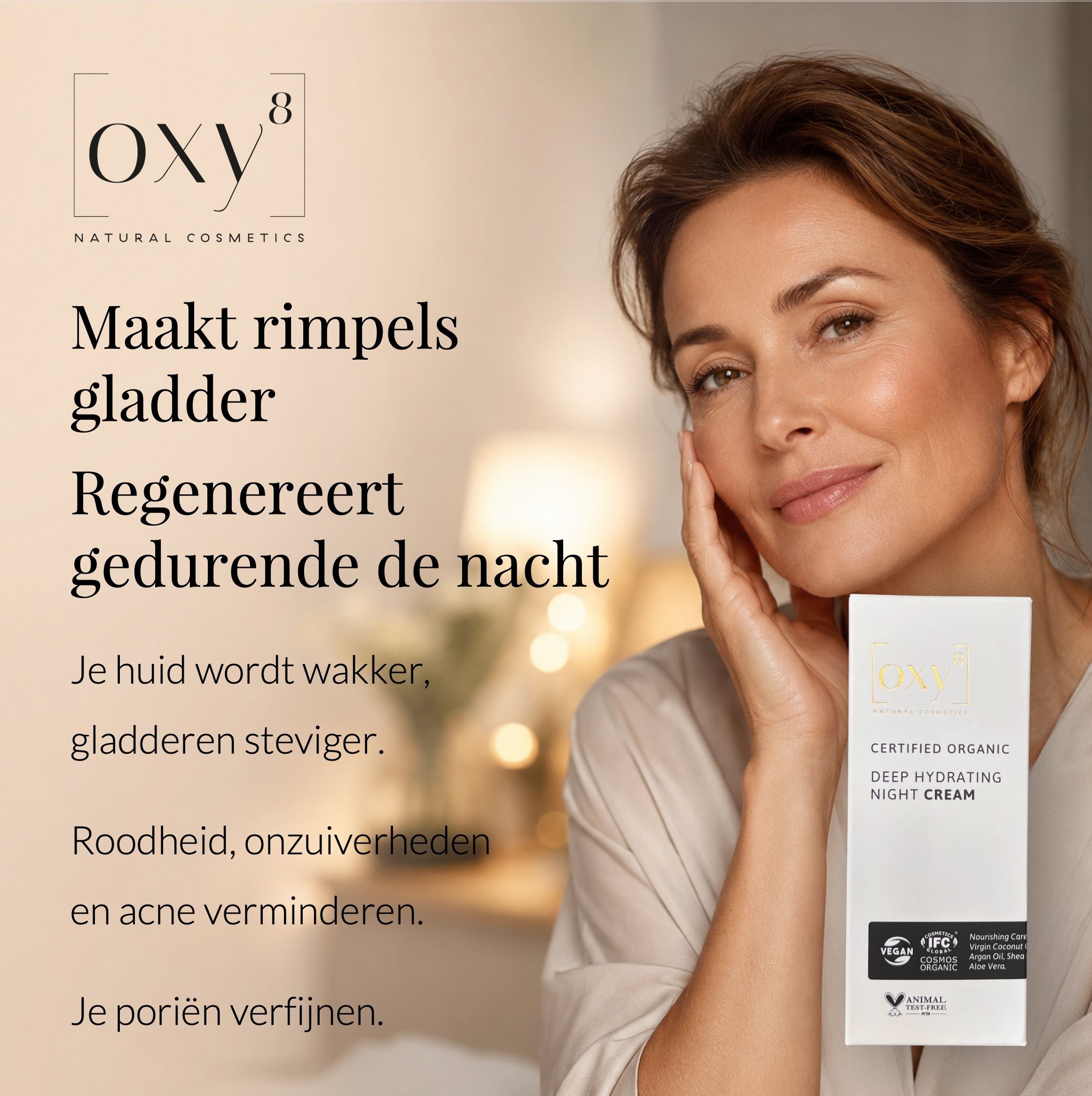Vrouw met crème op gezicht. Tekst: Maakt rimpels gladder. Nederlandse tekst. Verpakking.