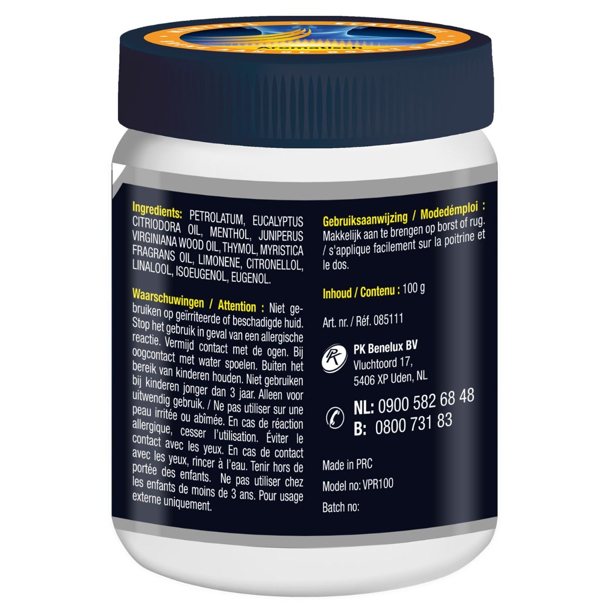 Achterkant van witte pot met blauwe deksel. Tekst: Ingrediënten, gebruiksaanwijzing, waarschuwingen, inhoud 100g.