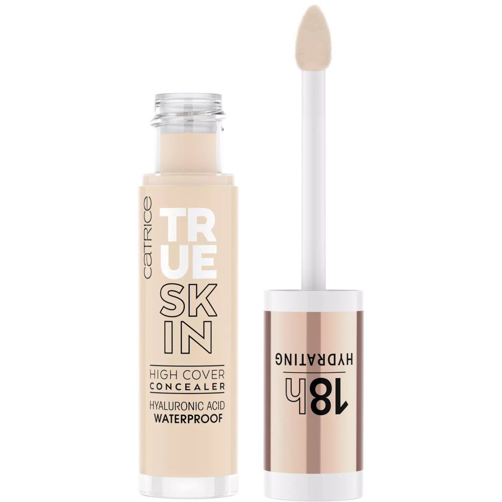 Catrice True Skin Concealer, flacon avec applicateur. Texte: True Skin, High Cover, Acide Hyaluronique, Waterproof, 18h Hydratant.
