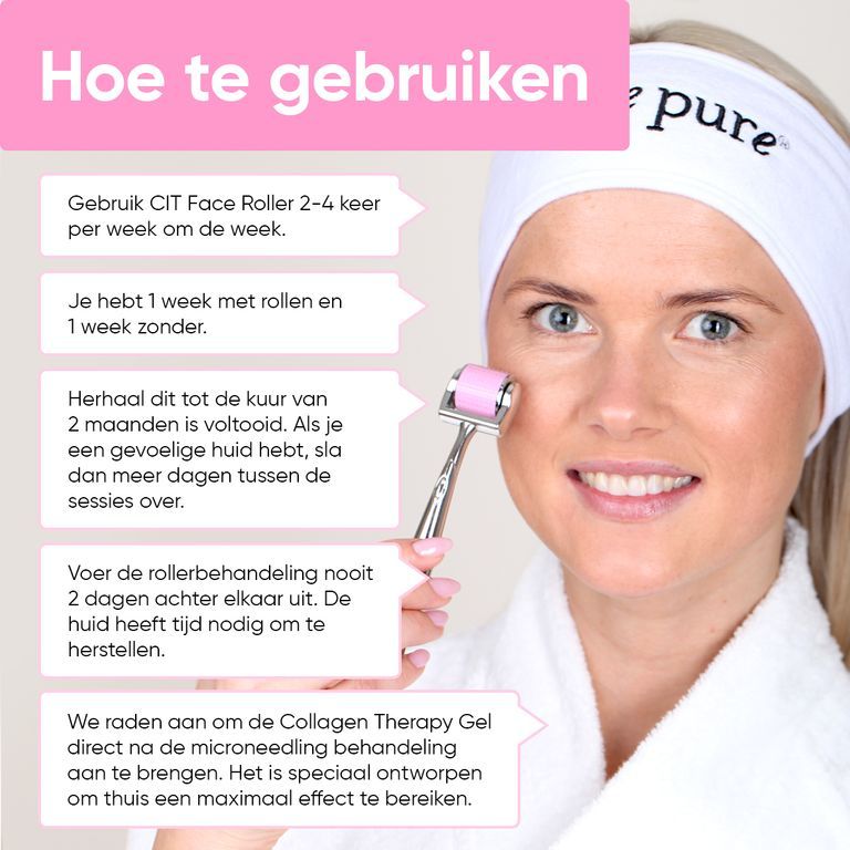 Vrouw met hoofdband gebruikt CIT Face Roller. Tekst over gebruiksinstructies.