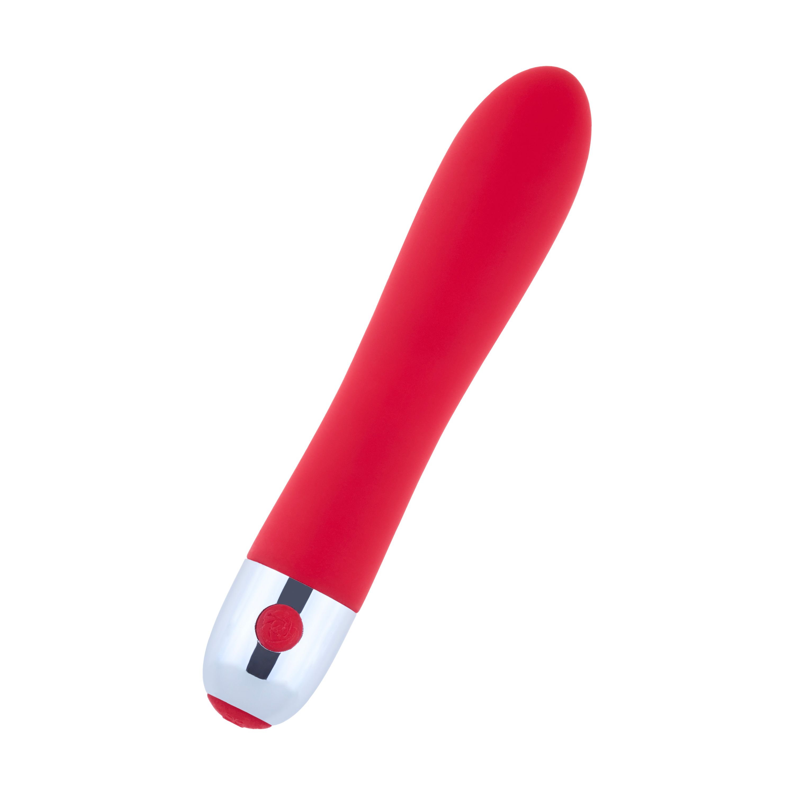 Rode vibrator met zilverkleurige kop en rode knop. Glad oppervlak, ergonomische vorm.