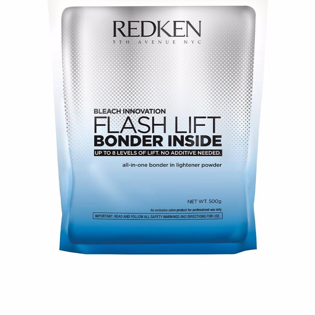 Sachet Redken Flash Lift Bonder Inside. Inscription: Flash Lift Bonder Inside, jusqu'à 8 niveaux d'éclaircissement, aucun additif nécessaire.