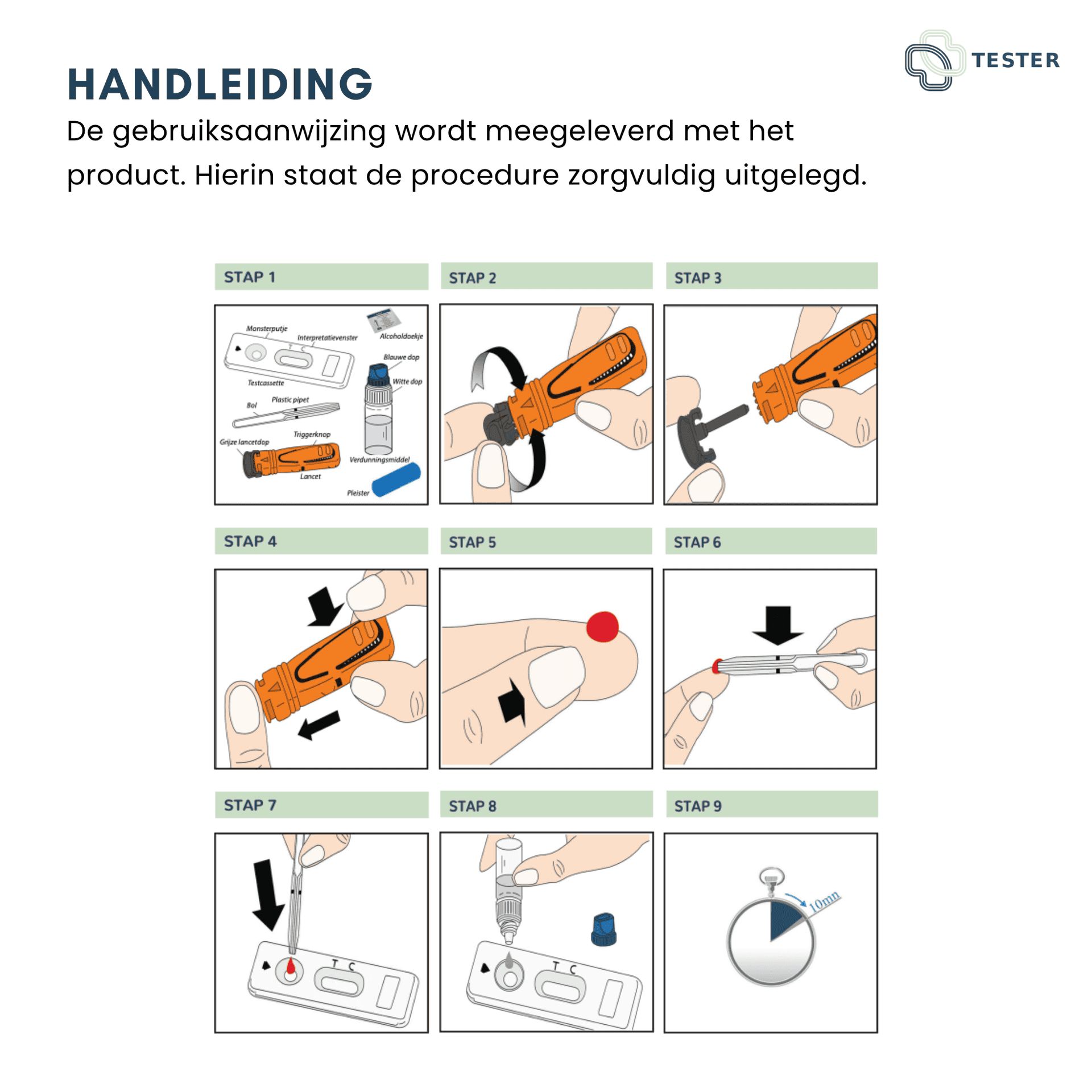 Instructies voor het gebruik van de schildklier zelftest in negen stappen met illustraties.