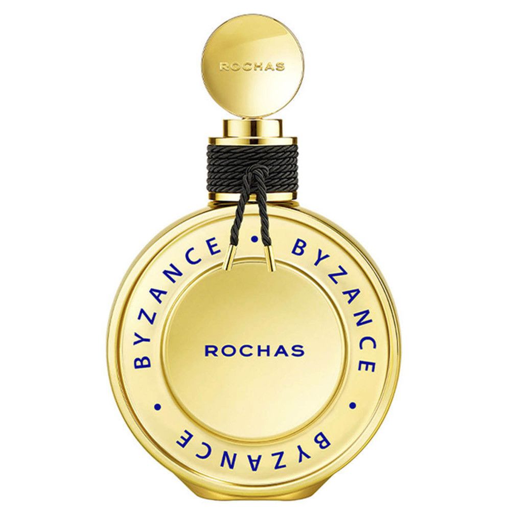 Gouden fles met zwarte band en gouden dop. Opschrift: BYZANCE, ROCHAS.