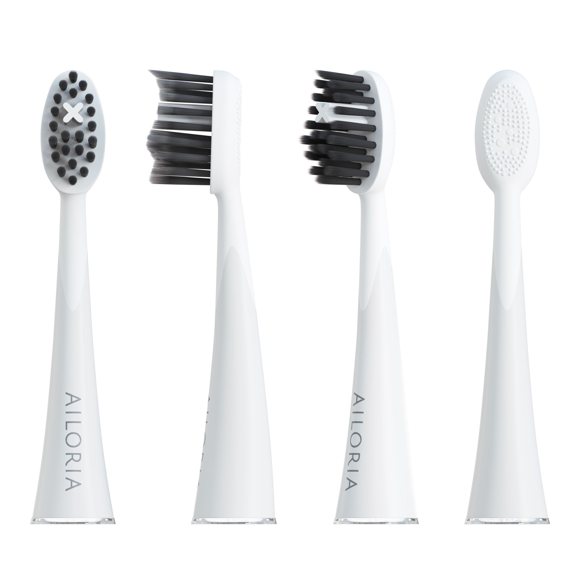 Quatre vues de têtes de brosse à dents blanches avec soies noires. Logo AILORIA.