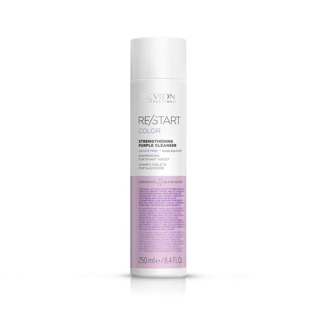 Flacon Revlon Re-Start Color Strengthening Purple Cleanser. Étiquette blanche avec texte et logo violets.
