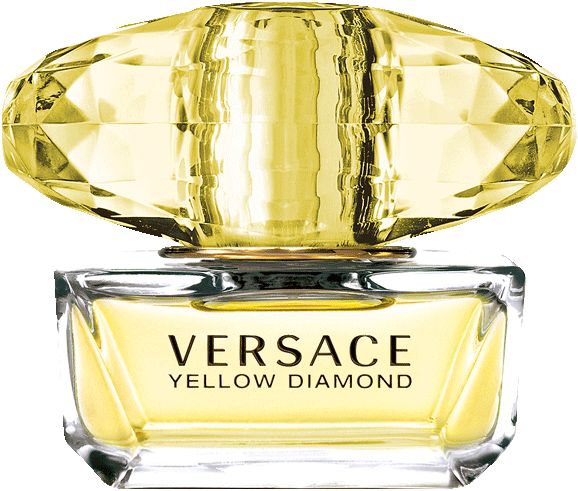 Versace Yellow Diamond Eau de Toilette. Flacon jaune avec bouchon en forme de diamant. Nom du produit visible.
