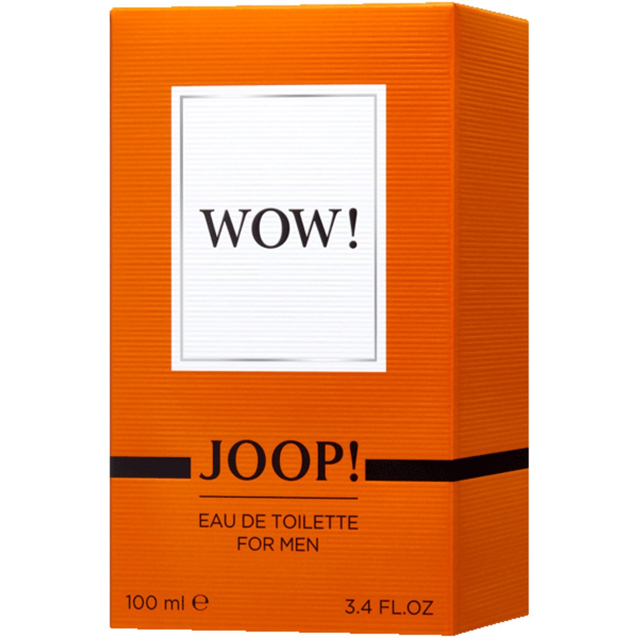 Emballage orange de Joop Wow Eau de Toilette pour homme. Étiquette blanche avec WOW! et JOOP! 100 ml.