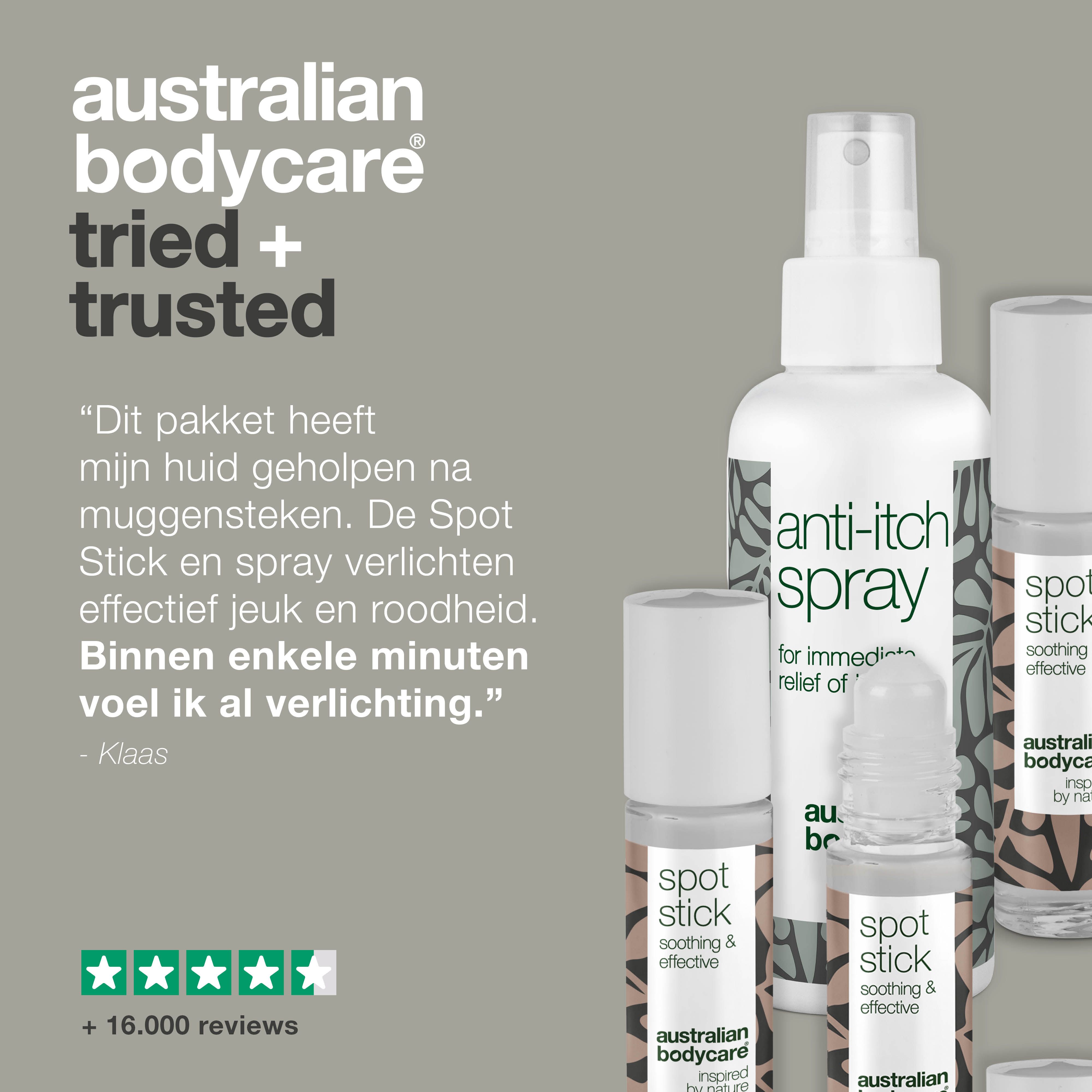 Productset en tekst. Ervaringsverhaal: verlicht jeuk. Spray verkoelt en kalmeert. Redder in de zomer!