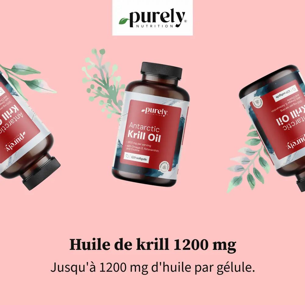 Flacons avec étiquette rouge. Texte: Huile de krill 1200 mg. Logo: Purely Nutrition.