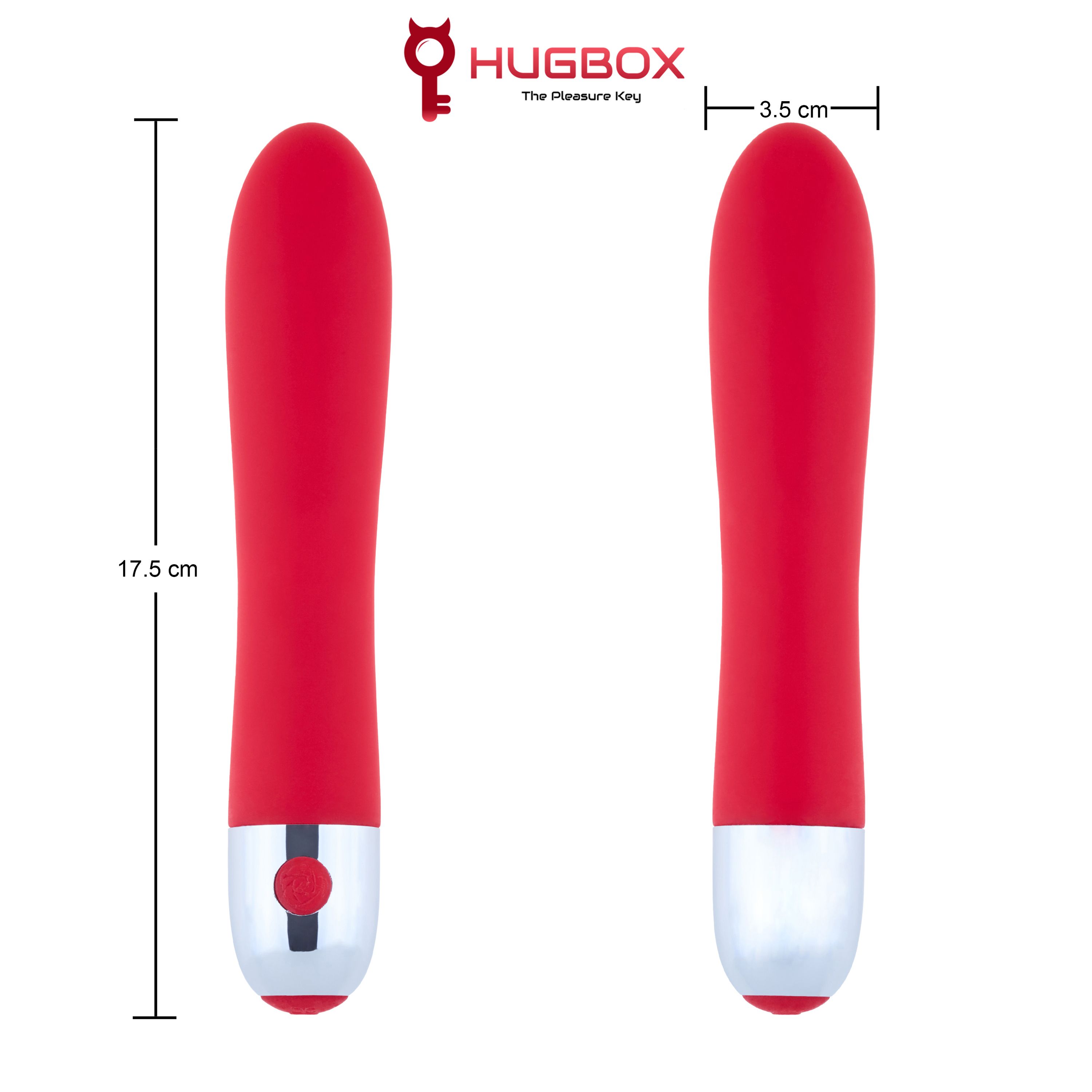 Twee rode vibrators. Afmetingen: 17,5 cm lang, 3,5 cm breed. Zilverkleurige kop, rode knop. HUGBOX logo.